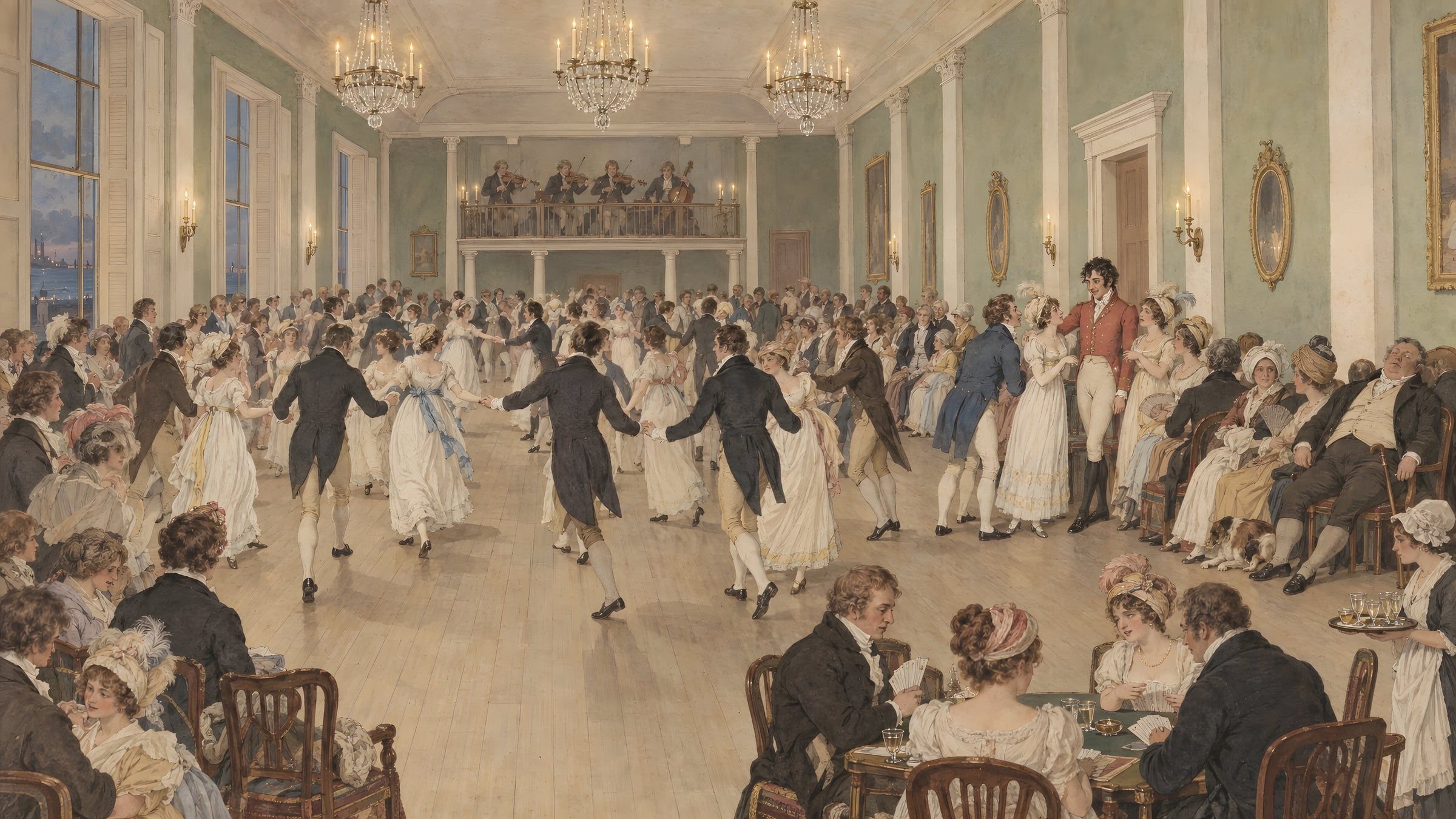 A country dance in an assembly room, seen from above