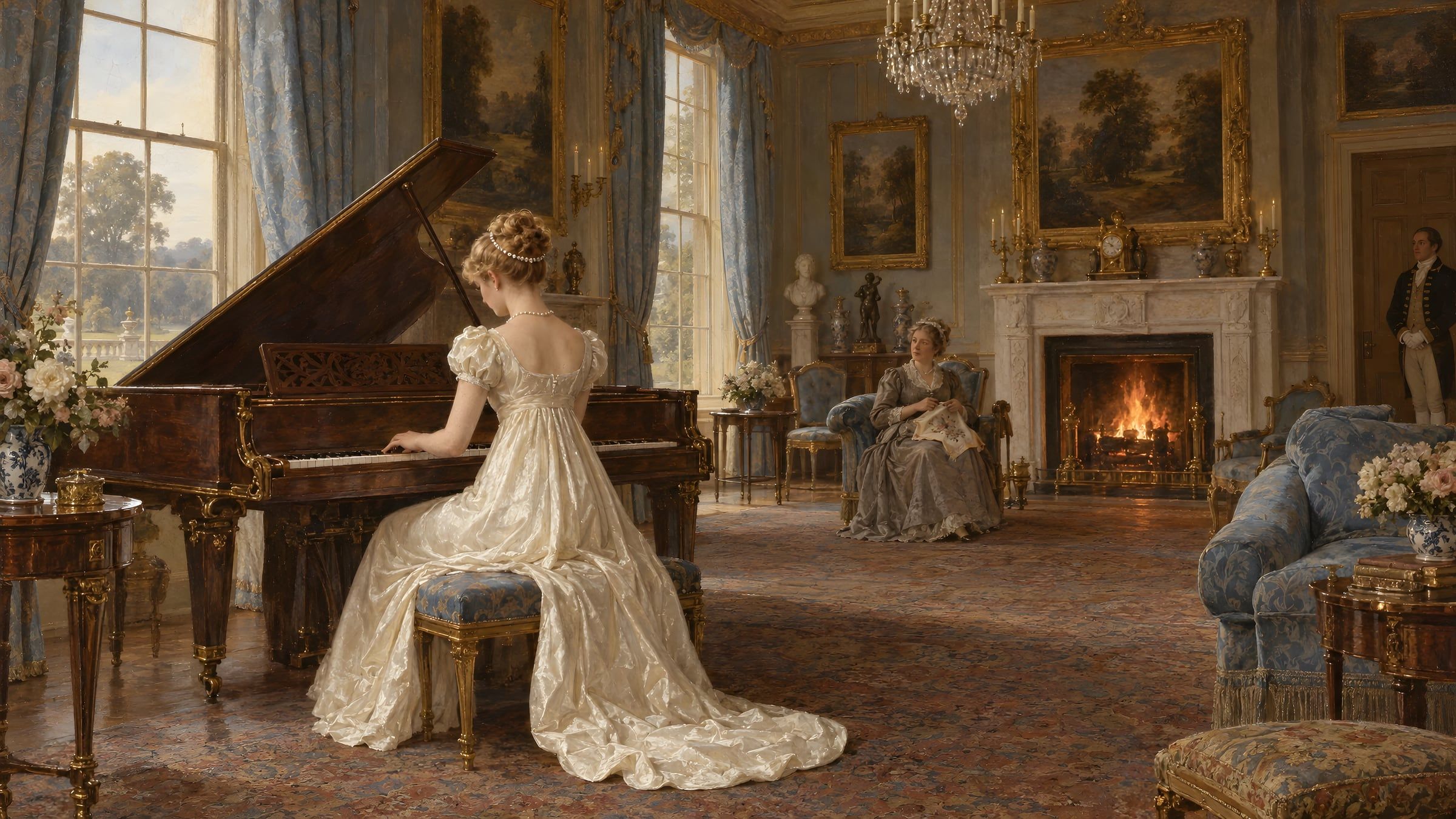 A young woman at the pianoforte in a drawing room with the fire lit