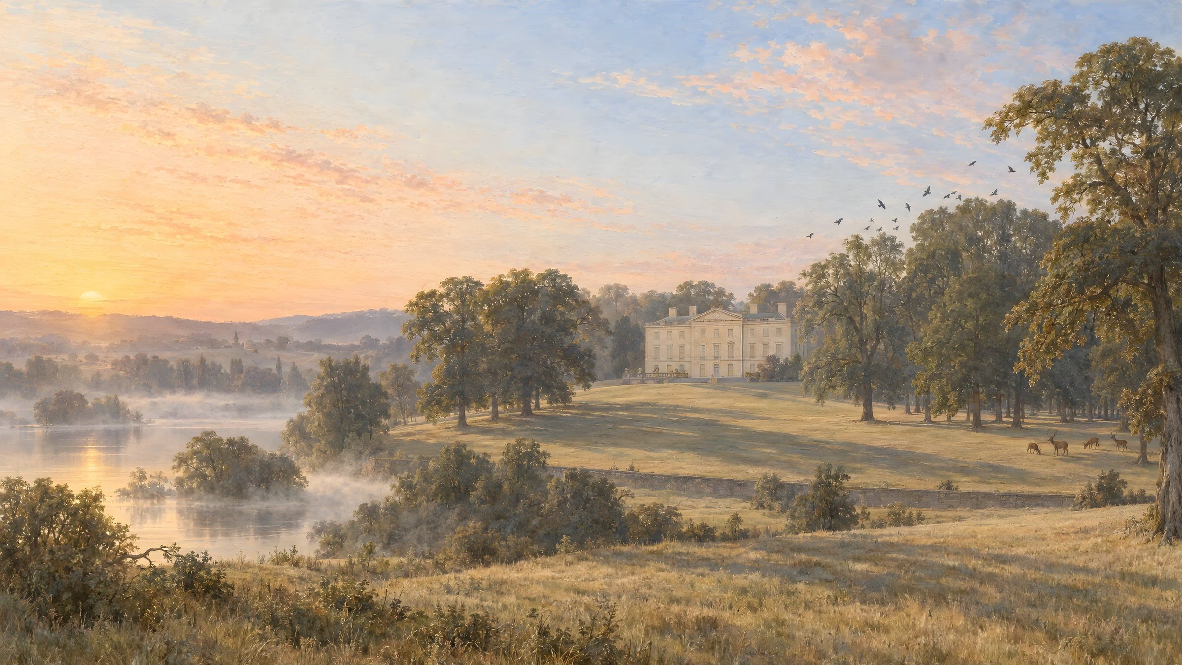 Sunrise over misty parkland, a lake and a distant Palladian house