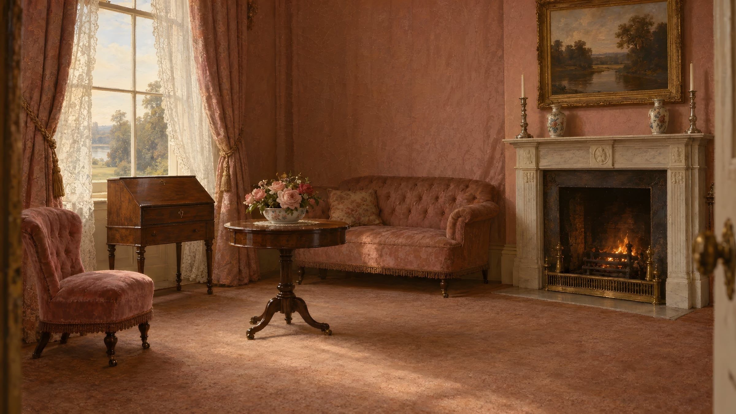 An empty rose-pink drawing room with a fire burning
