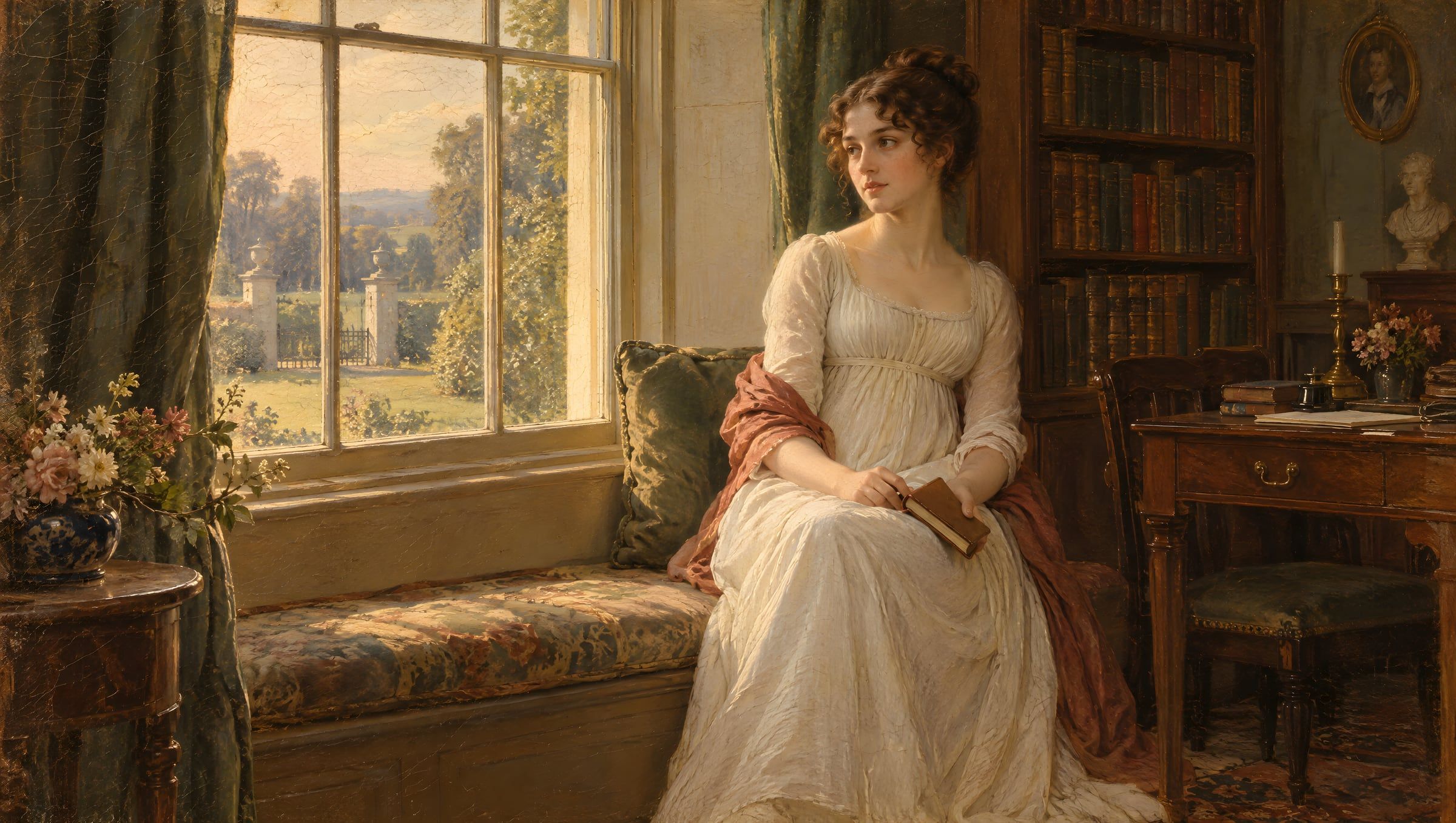 A young woman in white on a window seat in a library